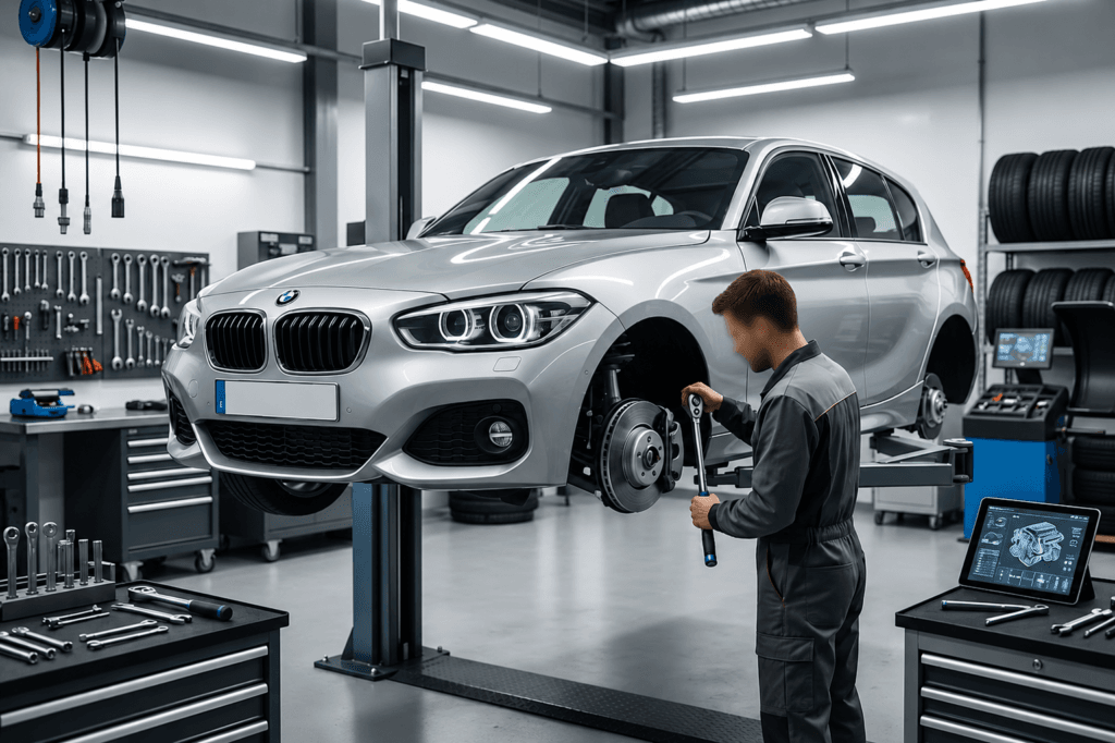 Mecánico profesional realizando revisión de frenos y mantenimiento por kilometraje a un BMW Serie 1 en taller.