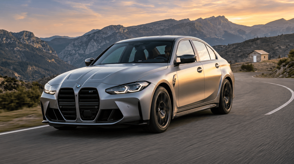 BMW Serie 3 gris circulando por carretera de montaña