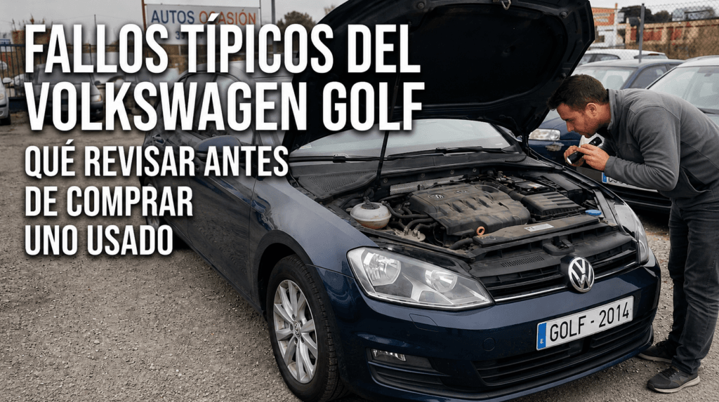 Persona revisando con linterna el motor de un Volkswagen Golf azul usado. Texto en la imagen: Fallos típicos del Volkswagen Golf: qué revisar antes de comprar uno usado.