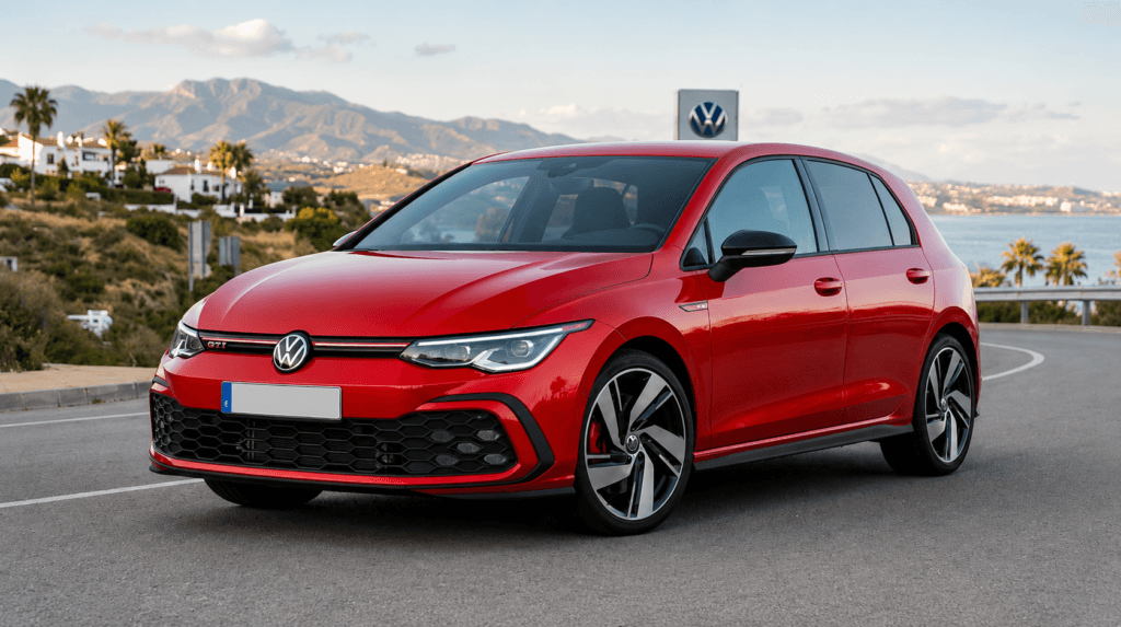 Volkswagen Golf rojo en carretera junto al mar