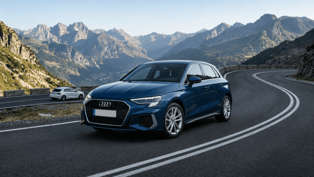 Audi A3 azul en carretera de montaña