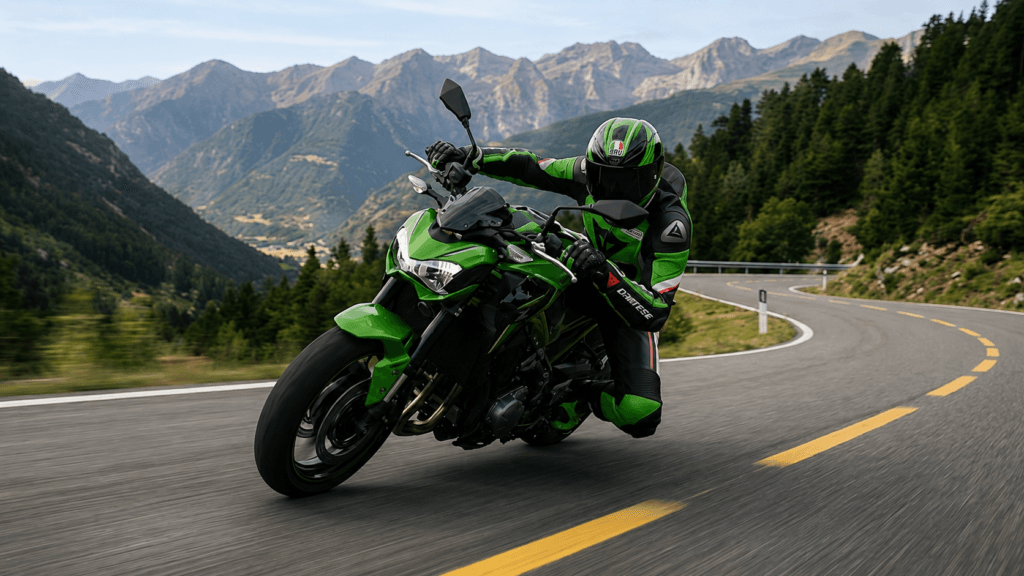 Kawasaki Z900 verde inclinando en curva con piloto equipado