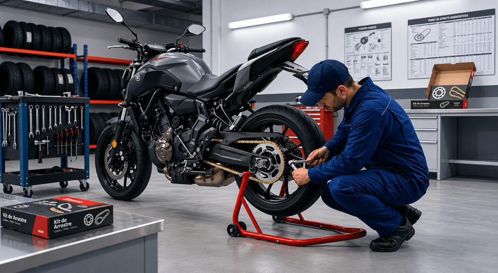 cambiar kit de arrastre moto con cadena piñón y corona