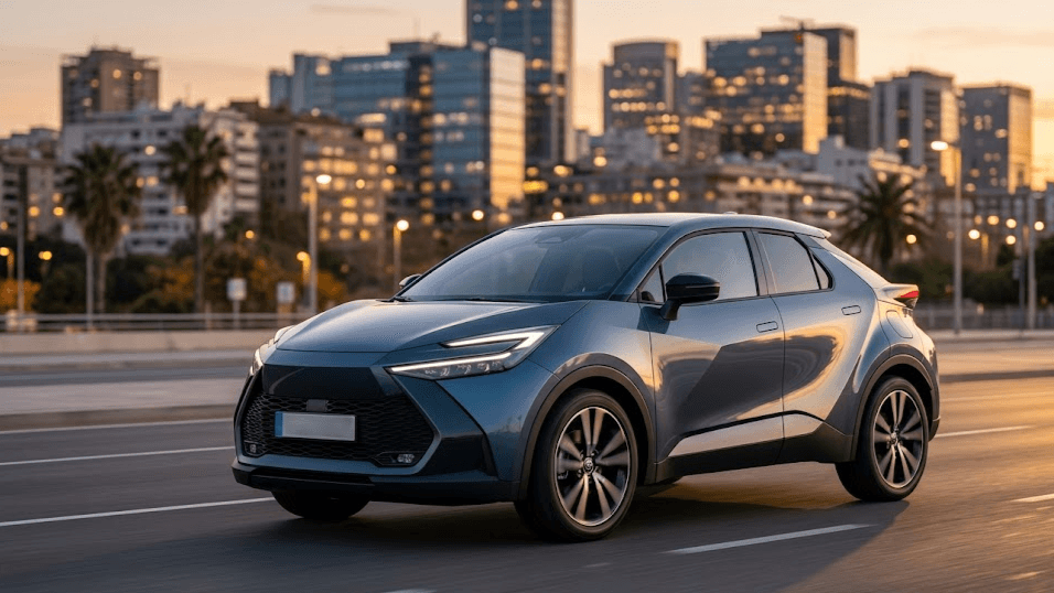 Toyota C-HR eléctrico en carretera, SUV 100% eléctrico con diseño moderno y etiqueta 0
