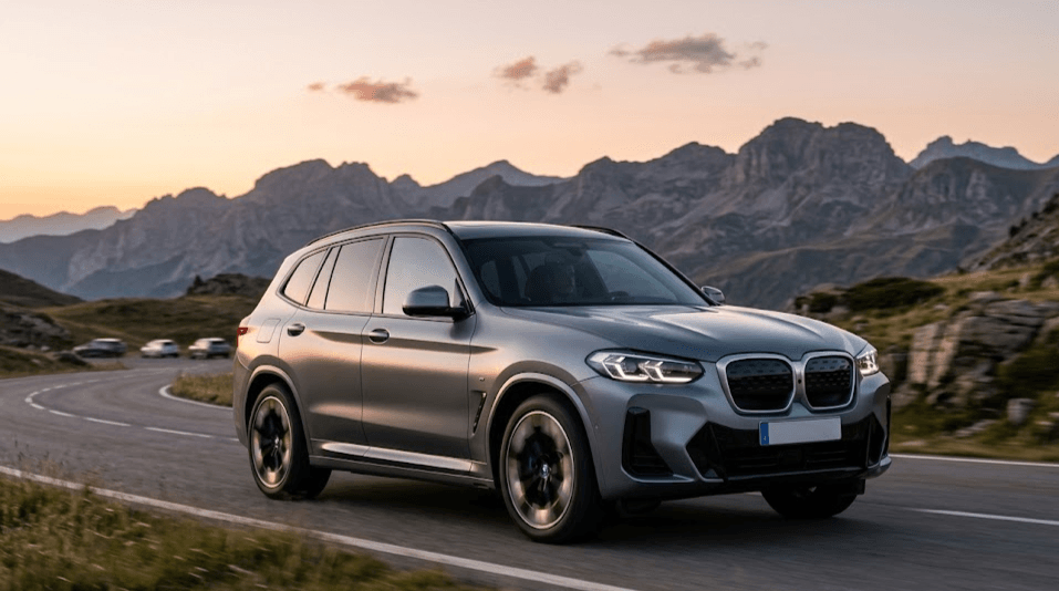 BMW iX3 2026 eléctrico circulando por carretera con diseño SUV moderno y etiqueta 0