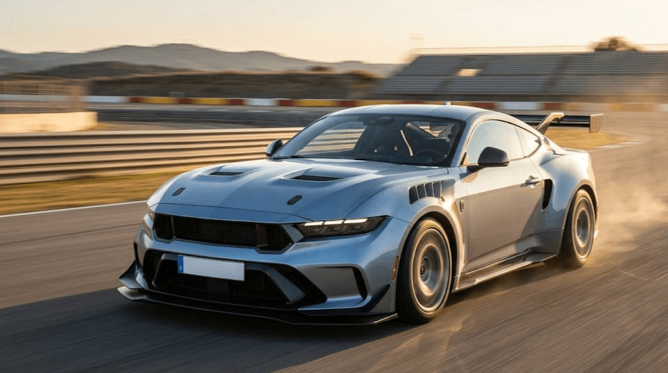 Ford Mustang GTD 2026 con motor V8 sobrealimentado circulando en circuito a alta velocidad