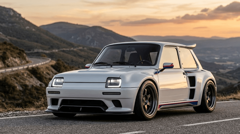 Renault 5 Turbo 3E eléctrico deportivo con diseño retro ancho y agresivo