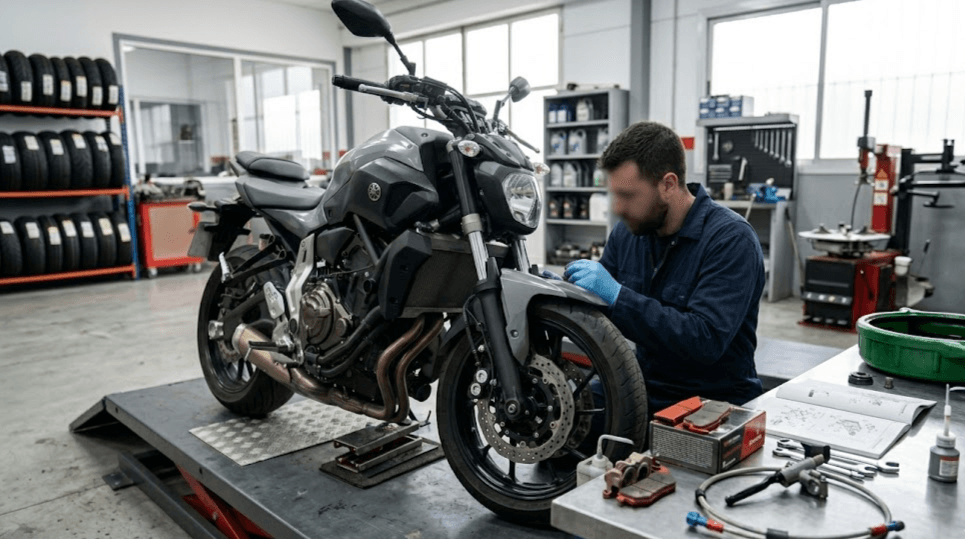 Cambiar frenos moto con disco, pinza, pastillas y bomba de freno en taller