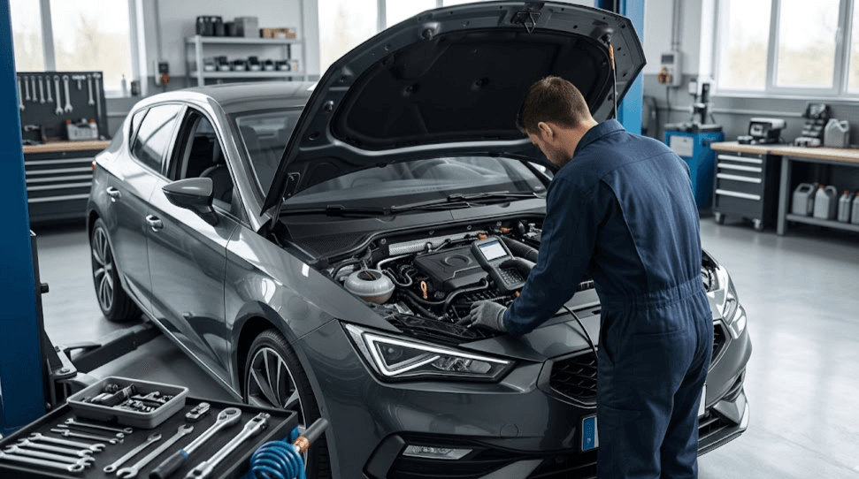 SEAT León 1.5 TSI tirones revisando motor en taller con diagnosis