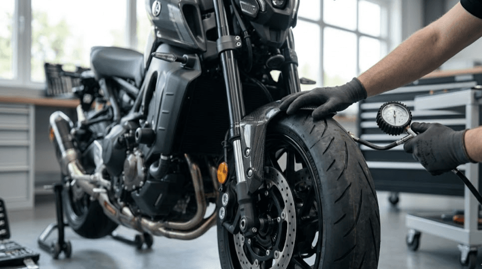 Neumáticos moto revisando desgaste, dibujo y presión antes de una ruta