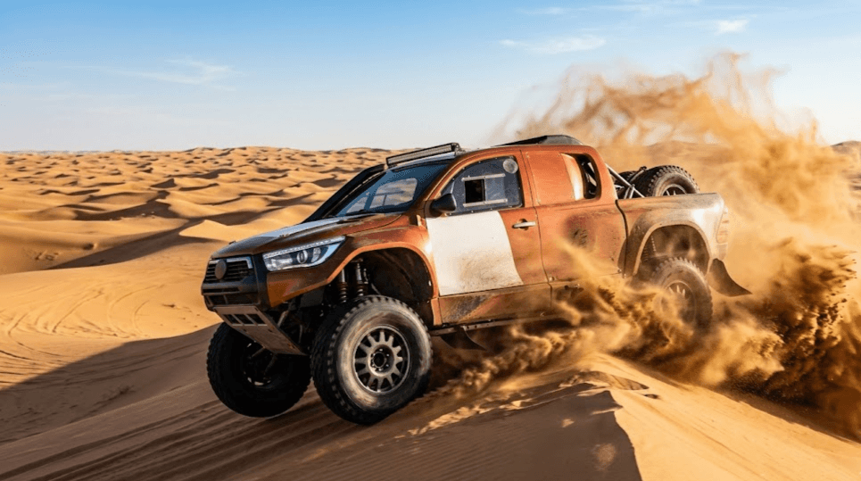 Toyota Repsol Dakar con un Hilux de competición en el desierto probando combustible renovable
