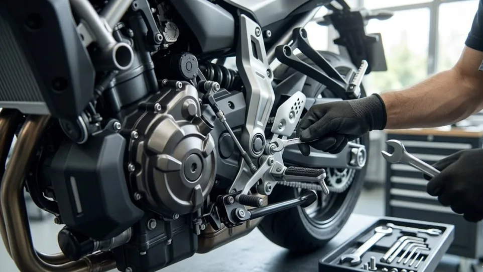 Quickshifter moto instalado en la varilla del cambio de una moto deportiva