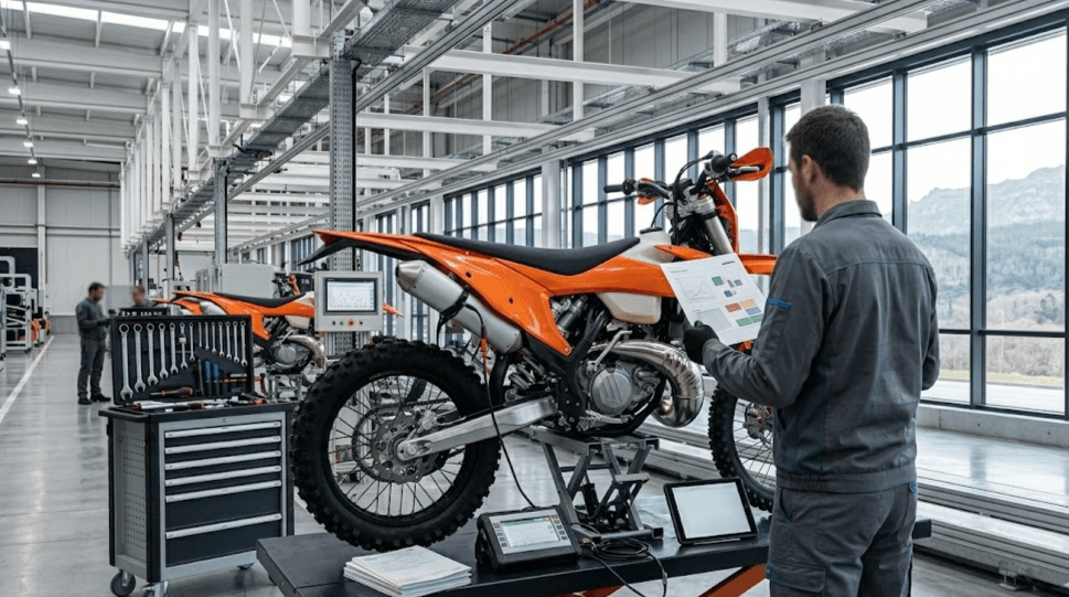 KTM Endurogate con moto enduro naranja en taller revisando escape, emisiones y homologación