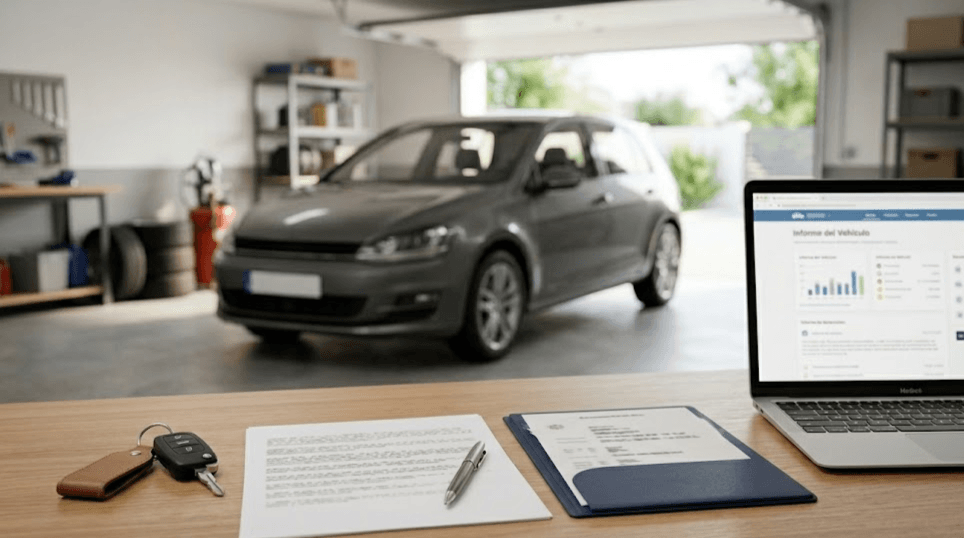 Coche reserva de dominio revisando contrato, llaves e informe DGT antes de comprar