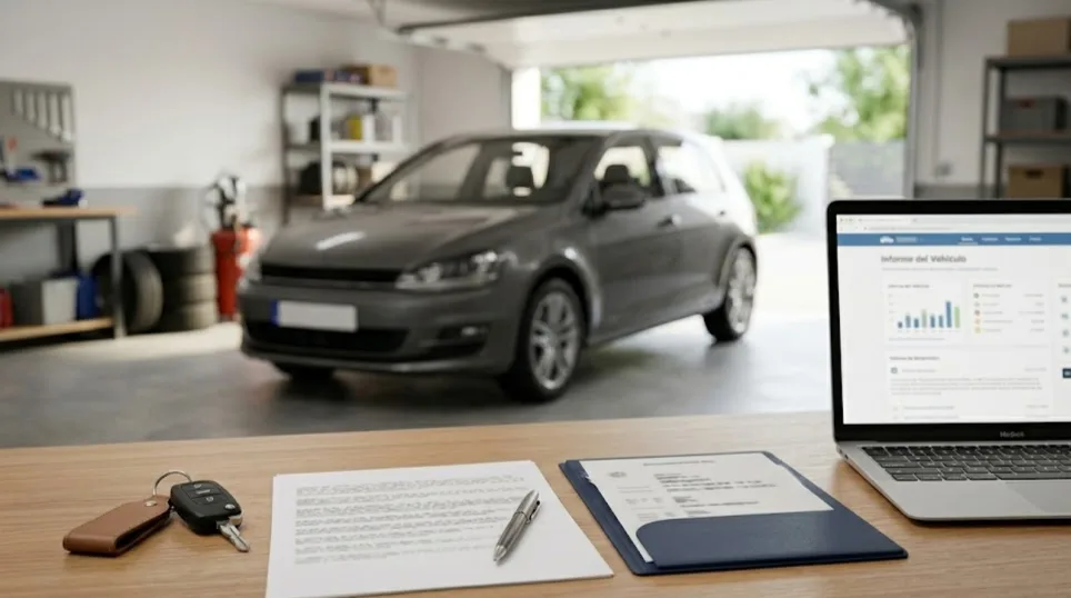 Coche reserva de dominio revisando contrato, llaves e informe DGT antes de comprar
