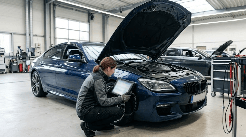 Diagnosis coche OBD con mecánico revisando códigos de avería en un coche moderno