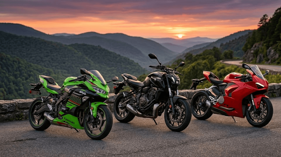 Mejores motos A2 con varias naked y deportivas aparcadas listas para nuevos motoristas