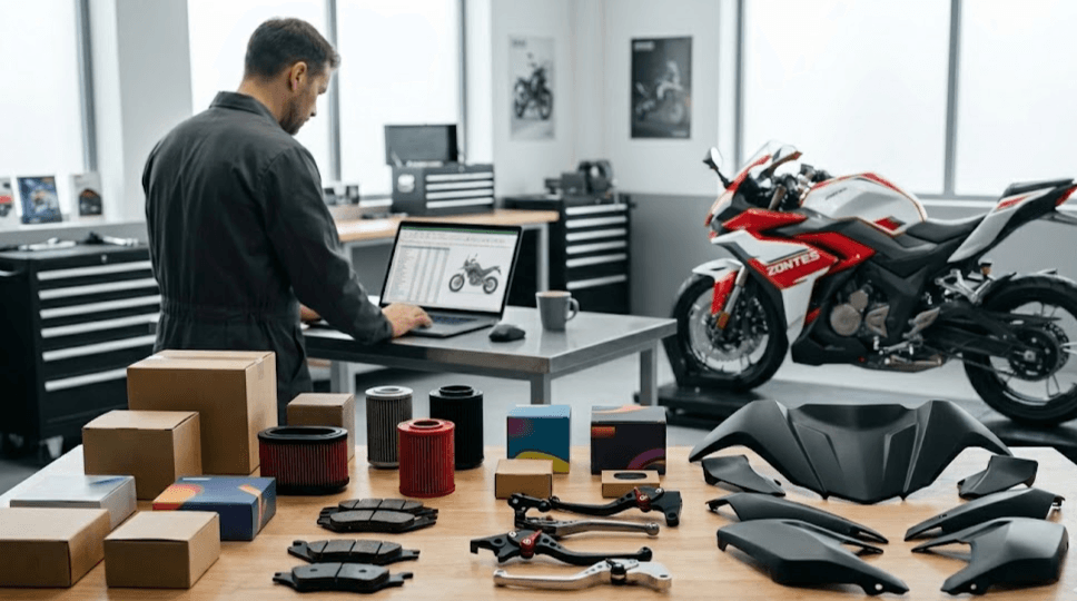 Repuestos motos chinas con piezas, cajas de recambio y moto trail moderna en taller