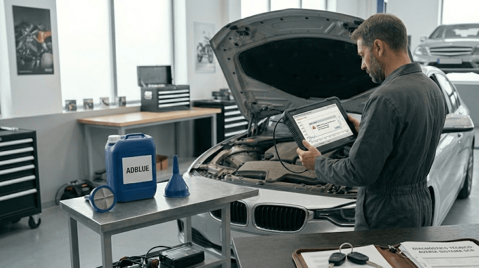 Problemas AdBlue coche con aviso en cuadro y mecánico revisando sistema SCR en taller
