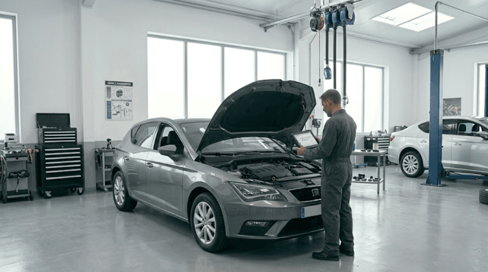 Mantenimiento SEAT León 1.6 TDI en taller revisando motor filtros correa y diagnosis