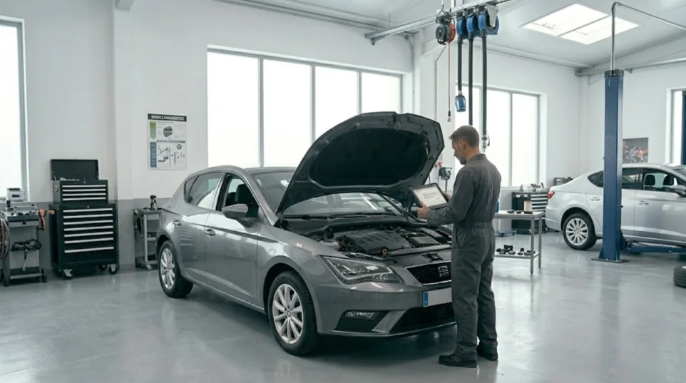 Mantenimiento SEAT León 1.6 TDI en taller revisando motor filtros correa y diagnosis