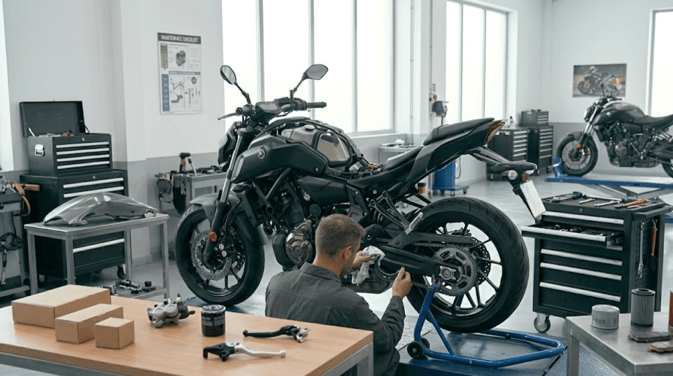 Mantenimiento Yamaha MT-07 en taller revisando aceite cadena frenos neumáticos y diagnosis
