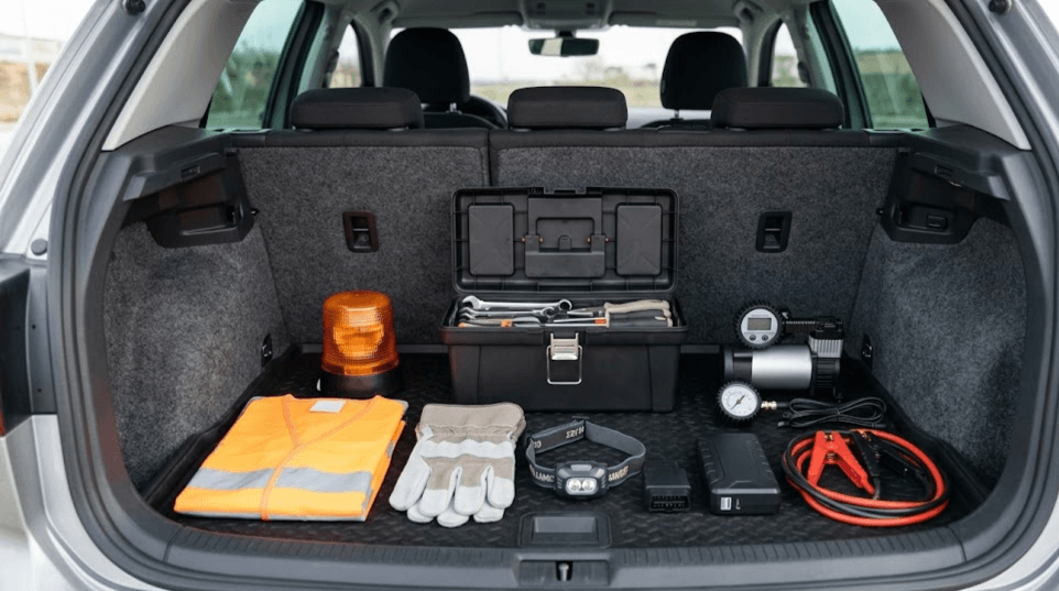 Herramientas básicas coche con kit de emergencia linterna guantes compresor y diagnosis OBD