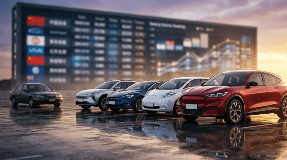 Coches eléctricos China con SUV rojo enchufable en carretera y mercado eléctrico dominando ventas