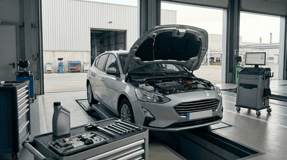 Mantenimiento Ford Focus en taller revisando aceite frenos y neumáticos