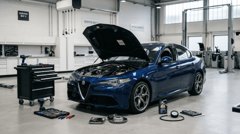 Mantenimiento Alfa Romeo Giulia revisando aceite caja automática frenos y neumáticos