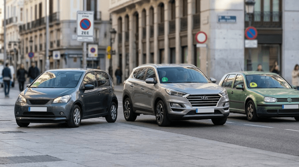 Etiquetas DGT CERO ECO C y B en coches de diferentes tipos