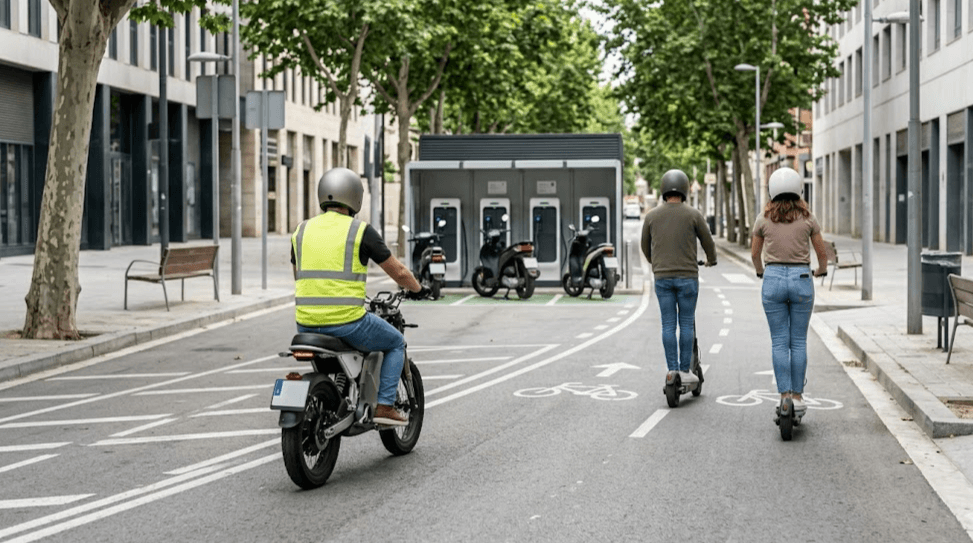 Motos eléctricas en España circulando por ciudad con scooters eléctricos