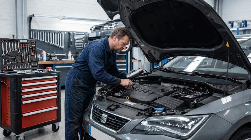 Retrasar el mantenimiento del coche: mecánico revisando motor en taller