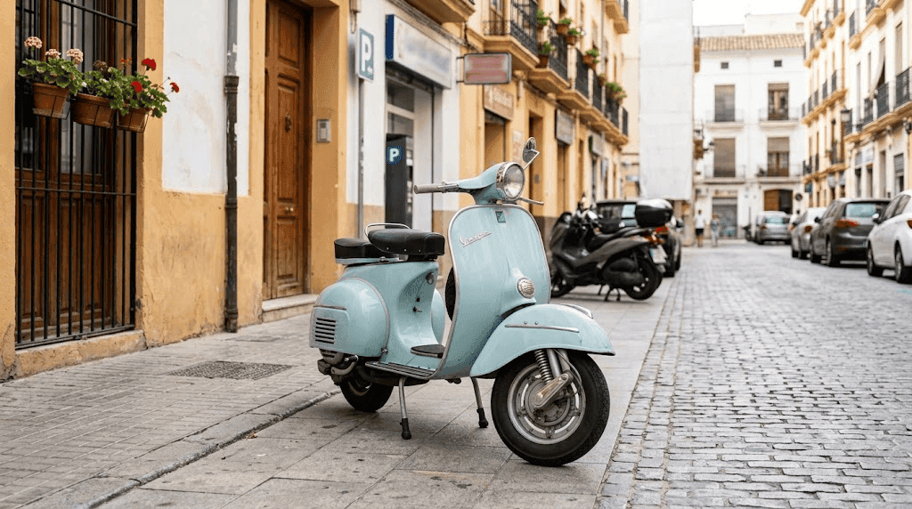 Cuánto cuesta mantener una Vespa al año: scooter aparcada en la ciudad