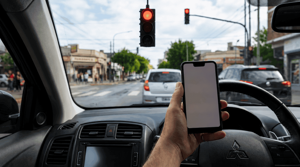 Multa por usar el móvil en un semáforo: semáforo en rojo desde el coche