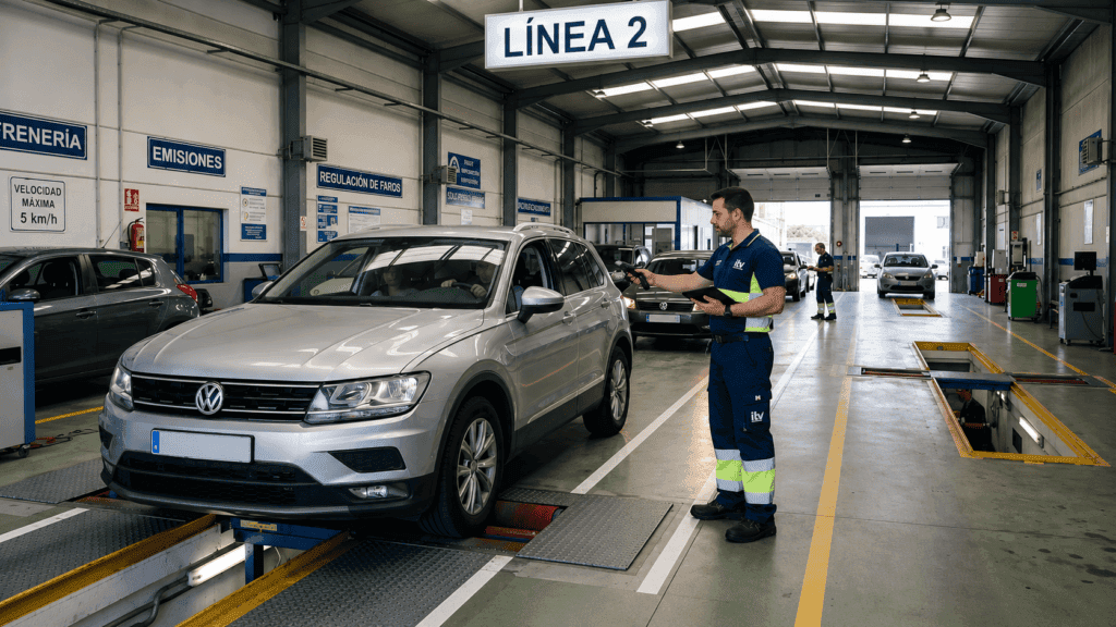 Cuánto cuesta pasar la ITV: coche entrando en nave de inspección