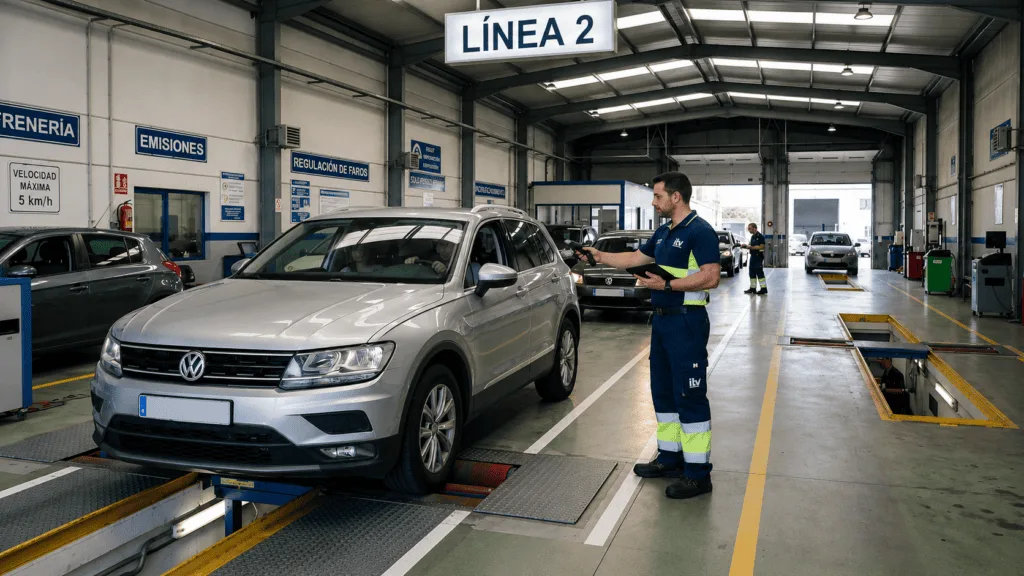 Cuánto cuesta pasar la ITV: coche entrando en nave de inspección