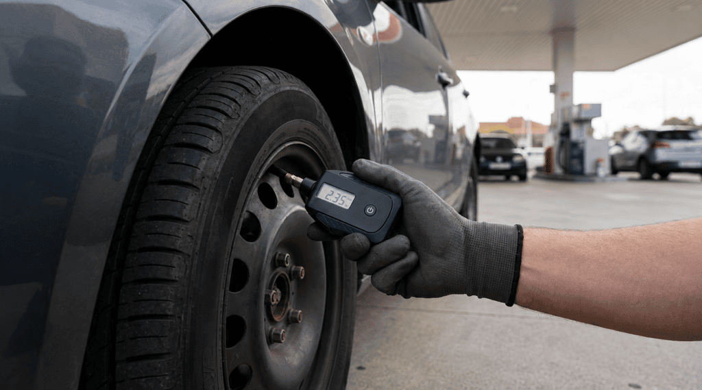 comprobando el error que hace gastar más gasolina con un manómetro en el neumático