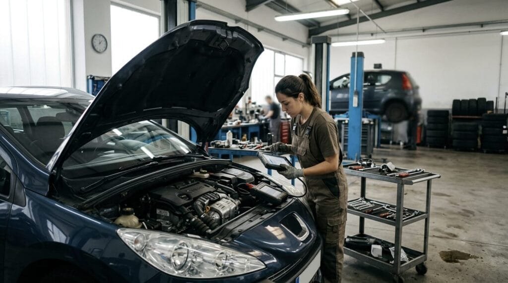 fallo de la válvula EGR, mecánico revisando el motor diésel