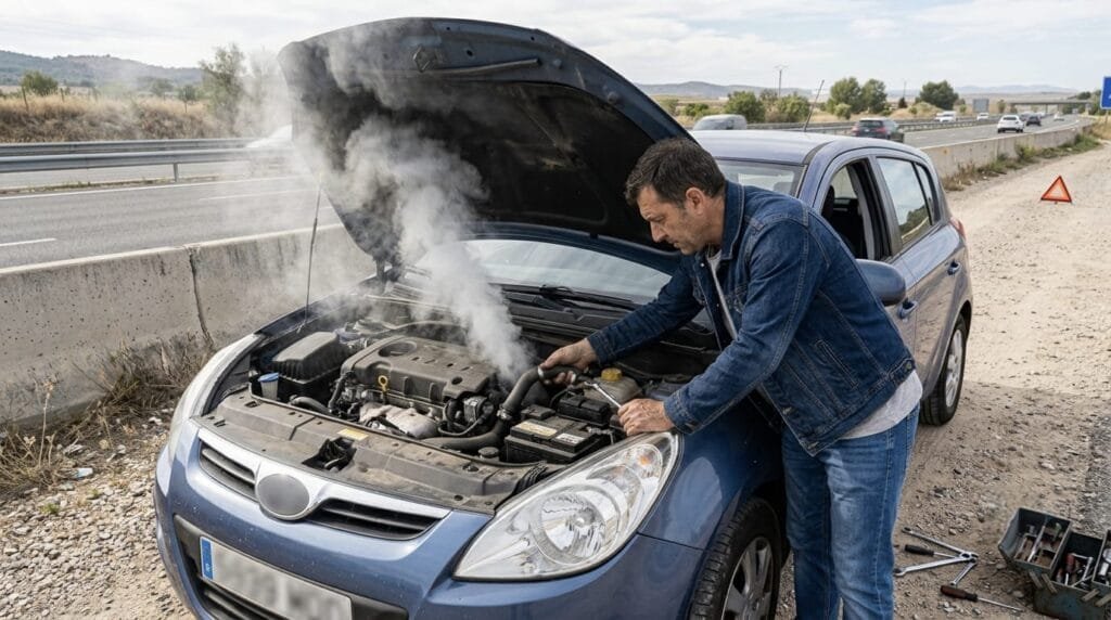 incendio de coche en verano en la autovía