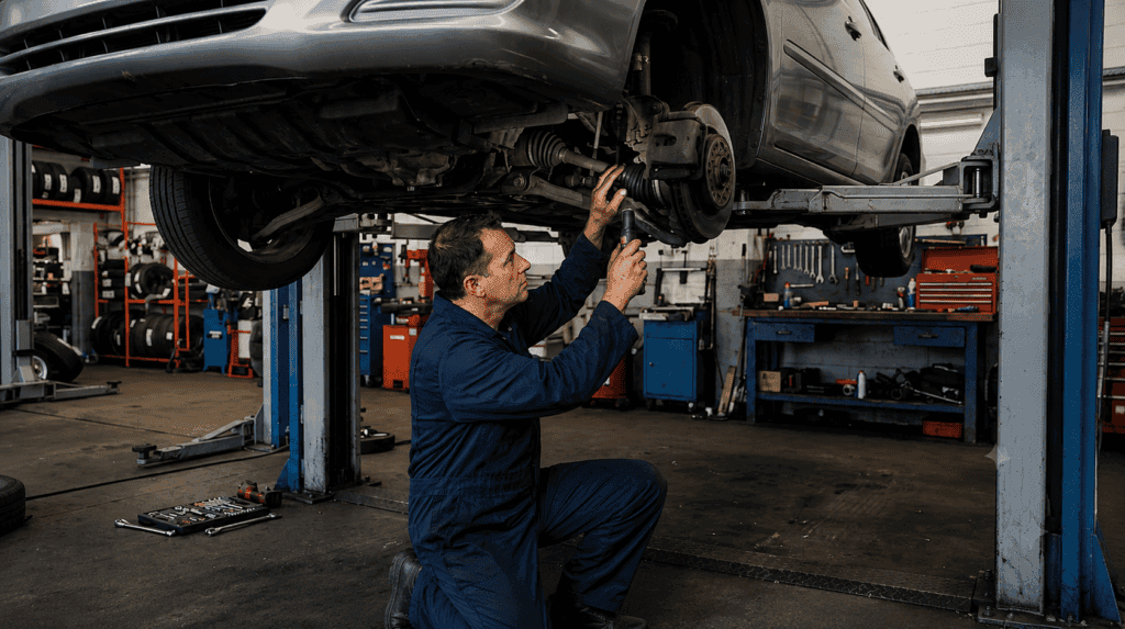 síntomas de la junta homocinética, semieje de un coche en un taller