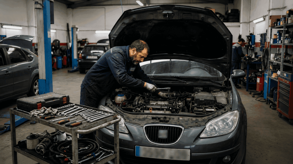 derecho a reparar coches España, mecánico en un taller