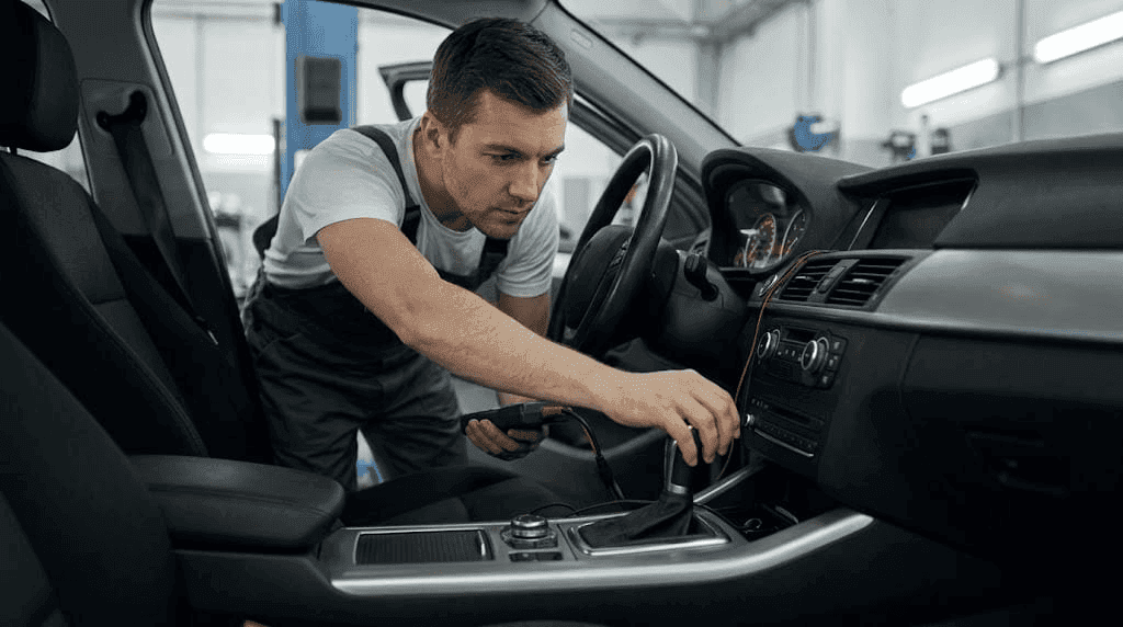 fallos de la caja de cambios automática, mecánico revisando la transmisión