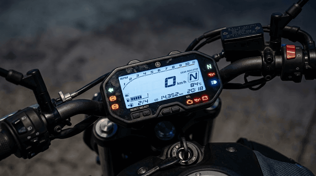 Testigos Yamaha MT-07 encendidos en el cuadro de instrumentos