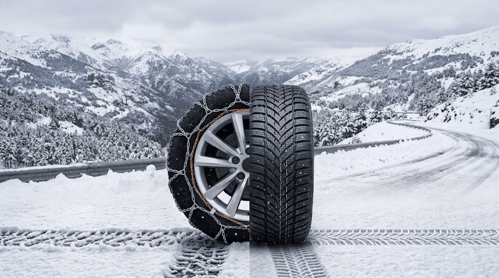 cadenas de nieve o neumáticos de invierno en carretera con nieve
