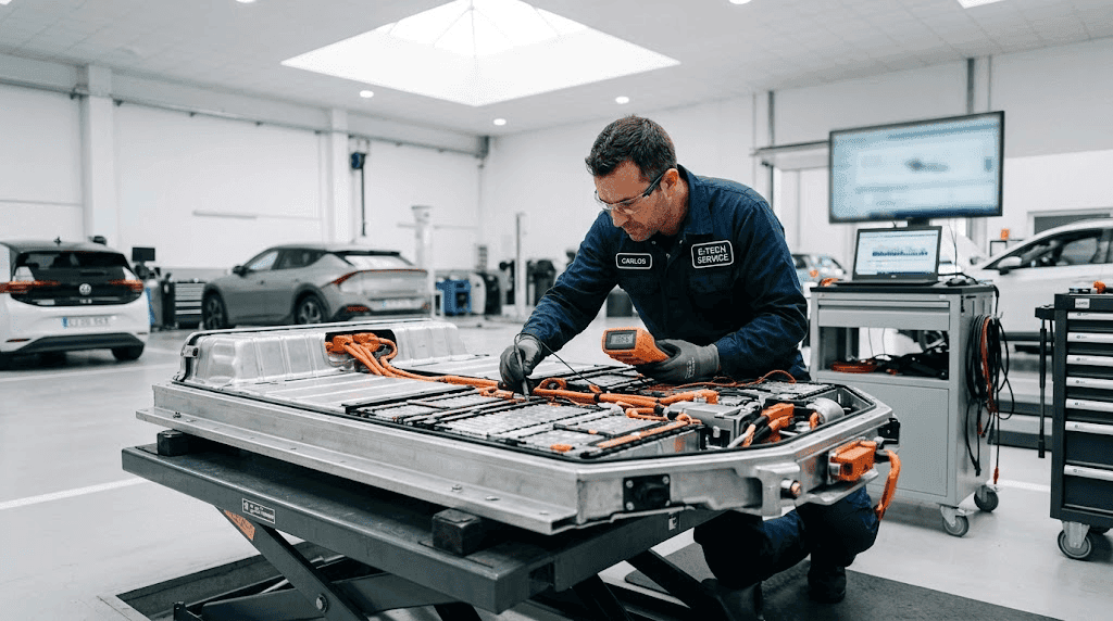 Duración batería coche eléctrico: pack de baterías en un taller