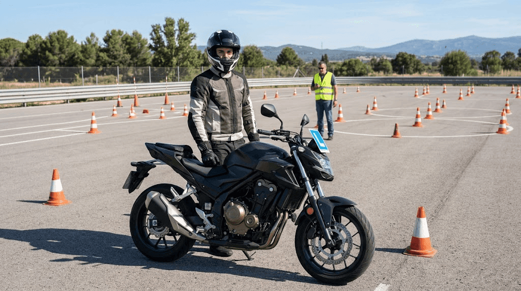 Carnet moto A1 A2 A: motorista con casco junto a su moto