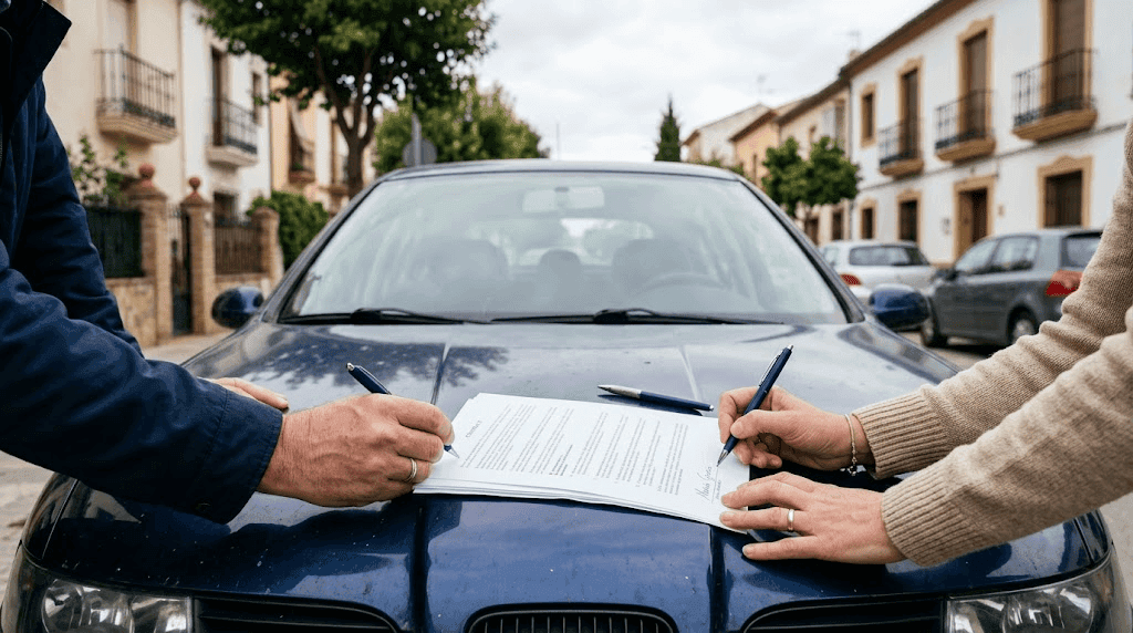 Contrato compraventa coche particular firmado sobre una mesa