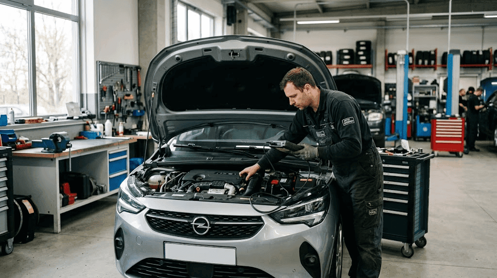 Opel Corsa pierde potencia: motor en revisión en un taller