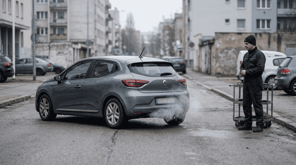 Renault Clio humo escape saliendo del tubo
